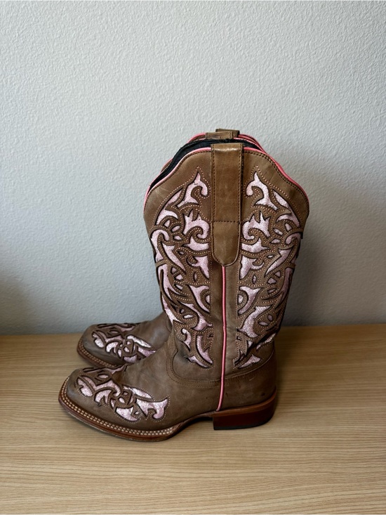J.B. Dillon Shoes - J.B. Dillon Brown Leather Western Boots with Pink Inlay